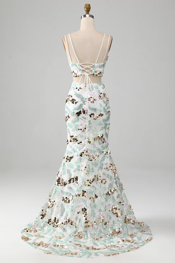 White Two-Piece Sparkly Mermaid Prom Dress with Slit